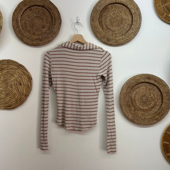 UO Urban Outfitters BDG Striped V-Neck Collared Polo Crop Long Sleeve Top Small - Picture 2 of 8